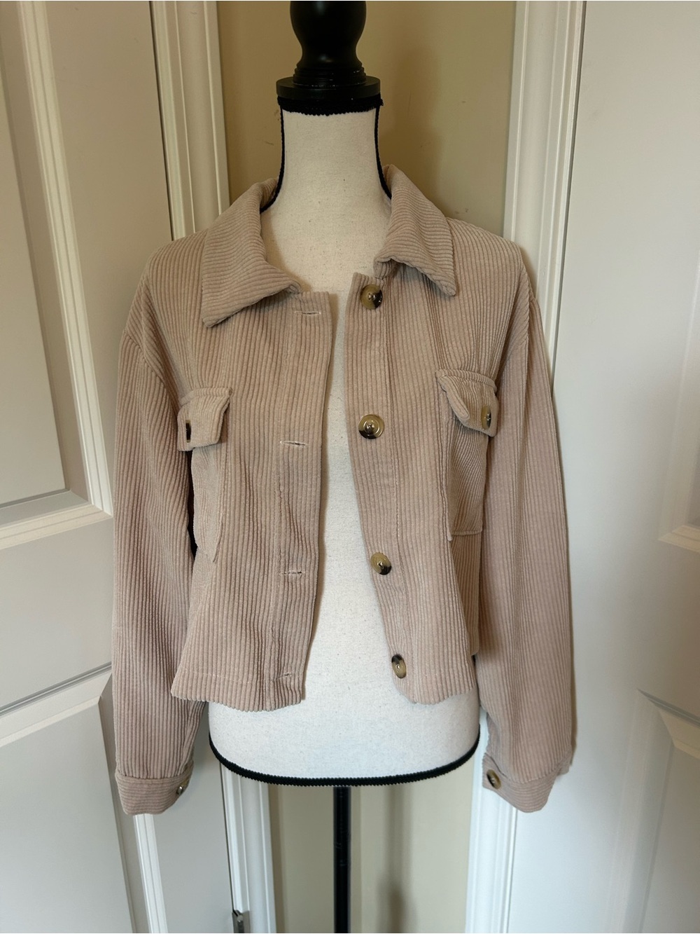 Light Beige ribbed Corduroy Button-Front Jacket